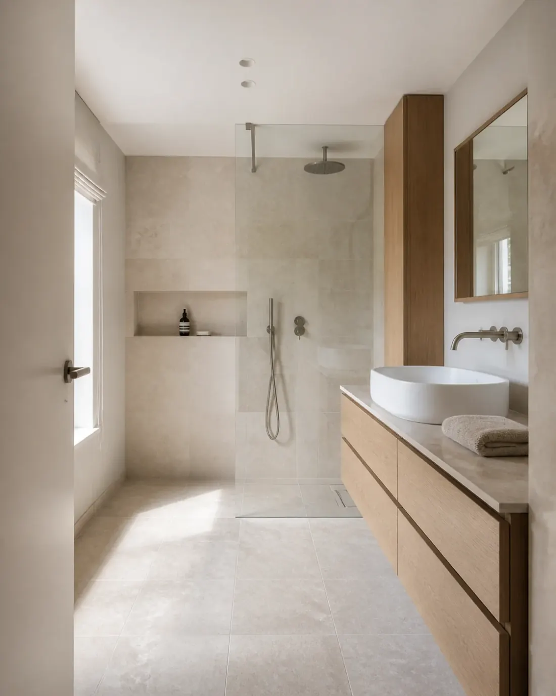 Salle de bain contemporaine : douche a l'italienne, meuble en chene et robinetterie encastree.