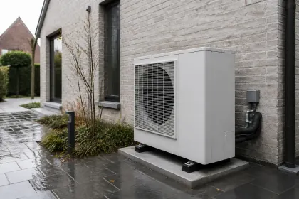 Unite exterieure de pompe a chaleur posee sur plots contre la facade d'une maison.